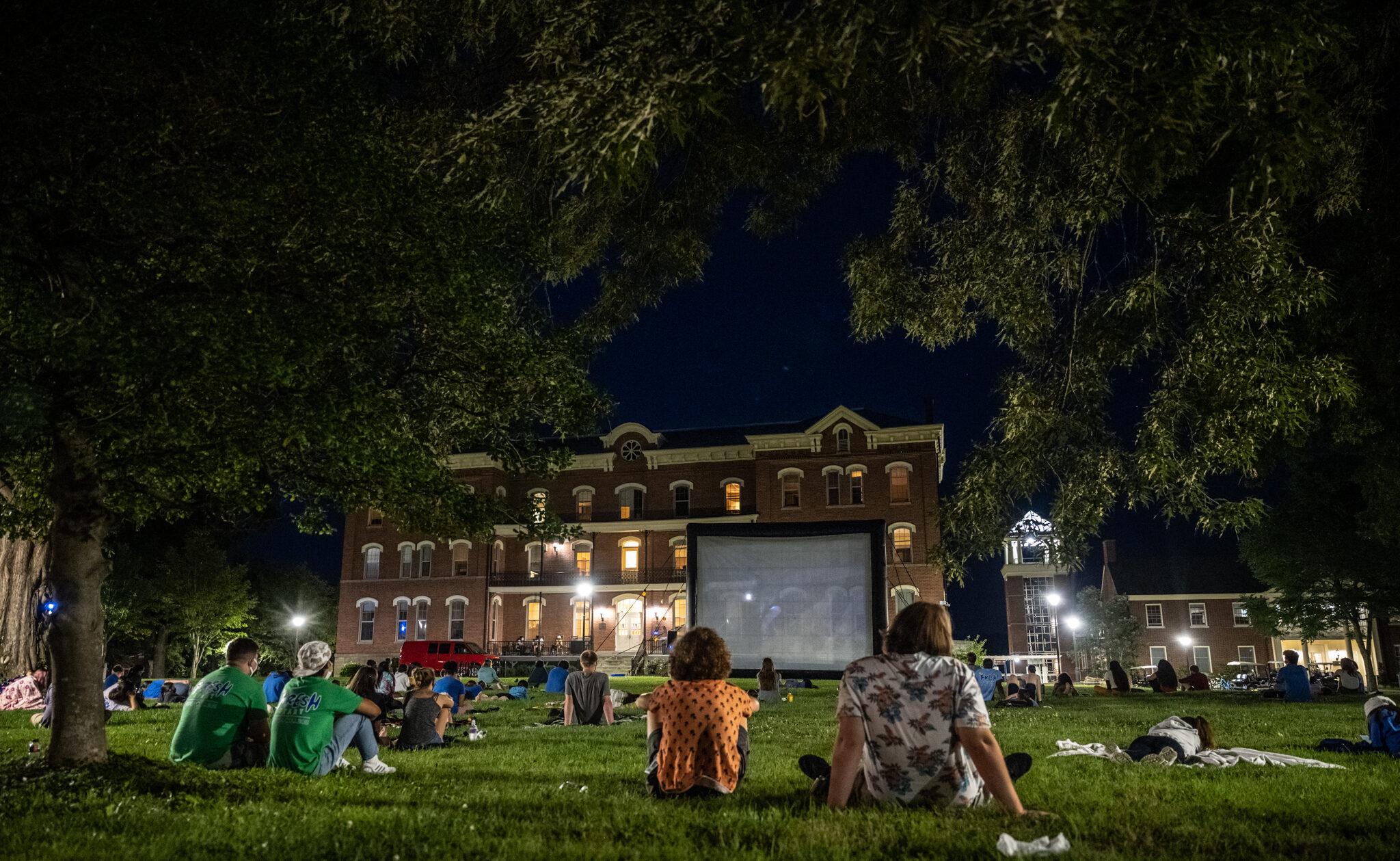Outdoor movie on Fairchild Lawn